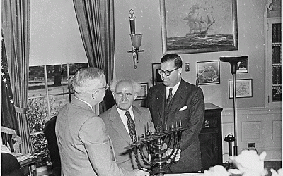 Abba Eban and David Ben-Gurion light a menorah with President Truman in the Oval Office, May 8, 1951. (photo courtesy of  National Archives and Records Administration, Office of Presidential Libraries. Harry S. Truman Library)