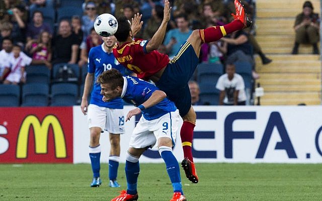 Spain in action against Italy during the 2013 UEFA European U-21 Championships final game at Teddy Stadium. Spain won 4-2 (photo credit: Yonatan Sindel/Flash90)