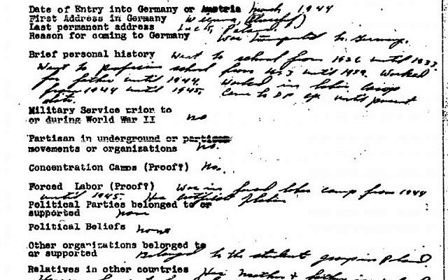 This undated reproduction shows a page of Michael Karkoc's 1949 U.S. Army intelligence file that AP had declassified by the U.S. National Archives in Maryland through a Freedom of Information Act request. Officials note in the document that Karkoc told them he performed no military service during the war; working for his father until 1944 and in a labor camp from 1944 to 45. (photo credit: AP)