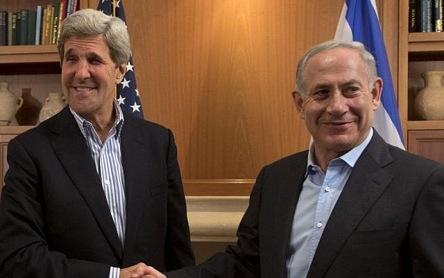 US Secretary of State John Kerry with Prime Minister Benjamin Netanyahu during a meeting in Jerusalem, Thursday, June 27, 2013 (photo credit: AP/Jacquelyn Martin)