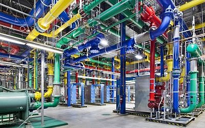Colorful pipes sending and receiving water for cooling Google's data center in The Dalles, Oregon, in an undated photo. (AP/Google, Connie Zhou)