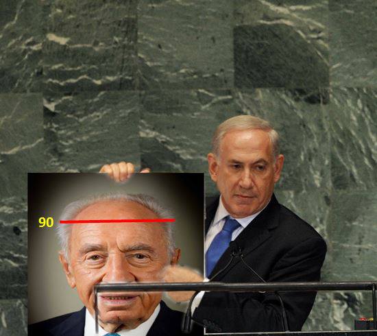 The photo mocks Peres while employing Prime Minister Benjamin Netanyahu's infamous 'red line' diagram (photo credit: Puncher Fiftyone/Facebook)