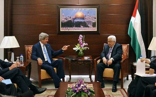 US Secretary of State John Kerry, center left, meets with Palestinian President Mahmoud Abbas, center right, on Friday, July 19, 2013 in the West Bank city of Ramallah. (photo credit: AP/Mandel Ngan)