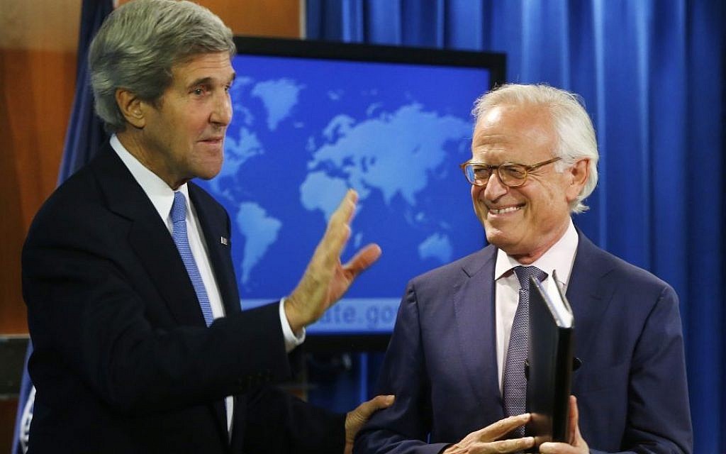 Secretary of State John Kerry with former US Ambassador to Israel Martin Indyk at the State Department in Washington, Monday, July 29, 2013, as he announces that Indyk will shepherd the Israeli-Palestinian peace talks. (Photo credit: AP/Charles Dharapak)