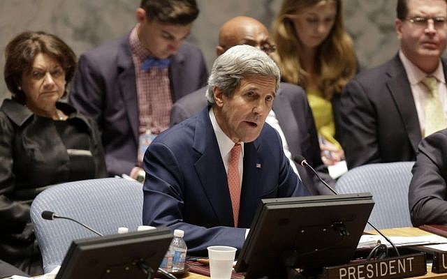 US Secretary of State John Kerry speaking at United Nations Headquarters in New York on Thursday. (photo credit: AP/Seth Wenig)