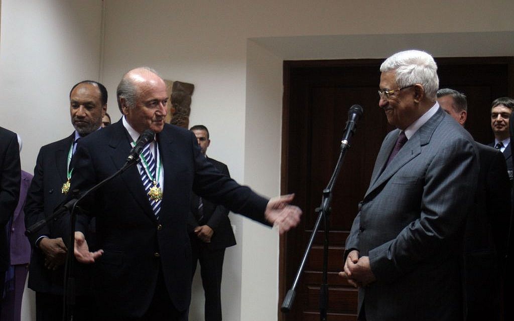 FIFA President Sepp Blatter and Palestinian Authority President Mahmoud Abbas in Ramallah, October 2008. (photo credit: Issam Rimawi/Flash 90)