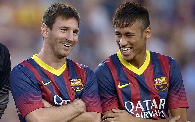 Barcelona FC players Lionel Messi (left) and Neymar da Silva Juntos, pictured at a Spanish friendly match (photo credit: AP/Manu Fernandez)