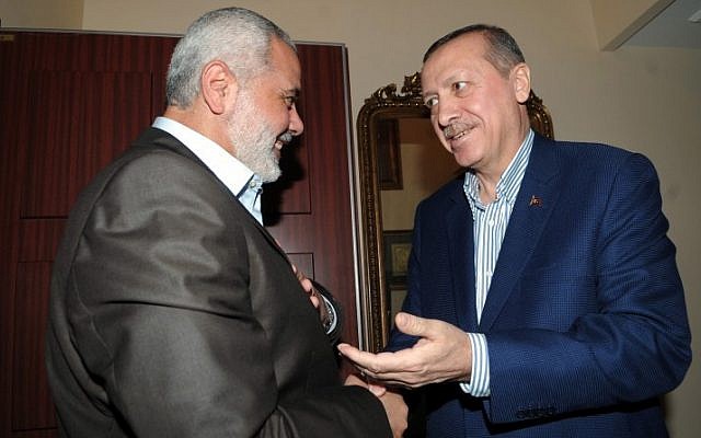 Turkish Prime Minister Recep Tayyip Erdogan speaks with Hamas leader Ismail Haniyeh during a January 2012 meeting in Istanbul. (Mohammed al-Ostaz/ Flash 90)