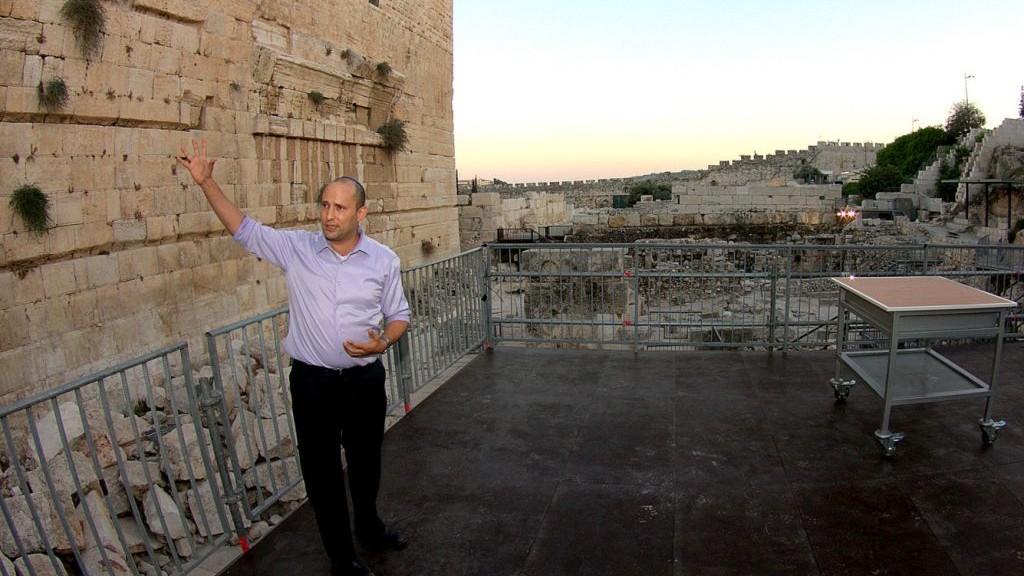 Minister Naftali Bennett unveils a temporary platform built for egalitarian prayer at the Western Wall in Jerusalem in August 2013 (photo credit: Ezra Landau/Flash90)