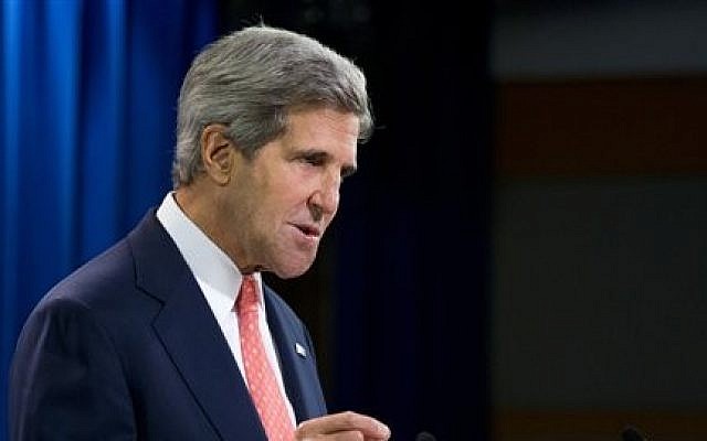 Secretary of State John Kerry speaks at the State Department in Washington, Monday, August 26, 2013 (photo credit: AP/Manuel Balce Ceneta)