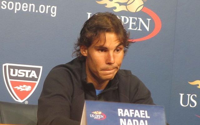 Rafa Nadal, volleying away The Times of Israel's Jewish question at Flushing Meadows on Thursday (photo credit: Howard Blas)