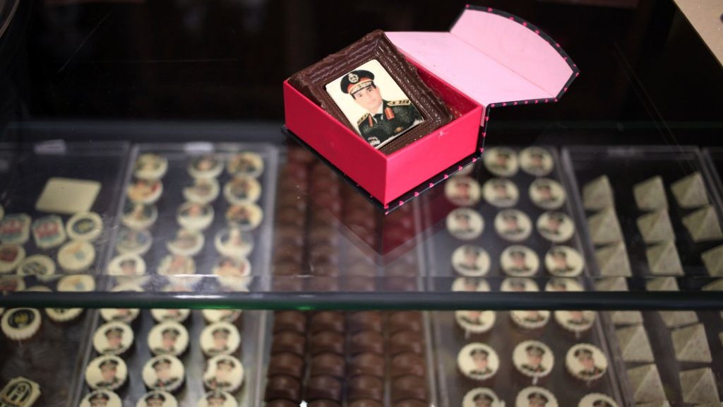 Chocolates decorated with pictures of Egyptian Defense Minister Gen. Abdel-Fattah el-Sissi displayed for sale in a shop in Cairo, on Saturday (photo credit: AP/Khalil Hamra)