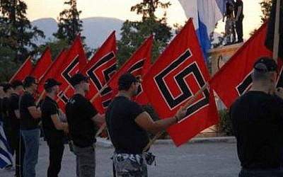 Supporters of the Golden Dawn party in Greece (photo credit: @johanknorberg via Twitter/File)