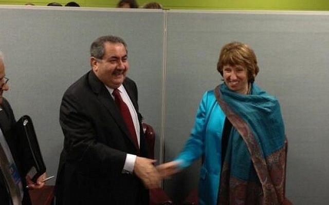 Iraqi Foreign Minister Hoshyar Zebari meets with EU foreign policy chief Catherine Ashton on the sidelines of the UN General Assembly in New York, on Tuesday (photo credit: @EUHighRepSpox via Twitter)
