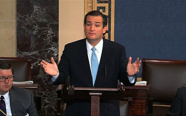 Senator Ted Cruz, R-Texas, speaking on the Senate floor. (photo credit: AP/Senate TV/File)