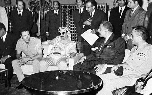 King Hussein, far right, alongside Gamal Abdel Nasser, Yasser Arafat and Muammar Ghaddafi in 1970 (Photo credit: Palestinian Authorities via Abed Rahim Khatib/ Flash 90)