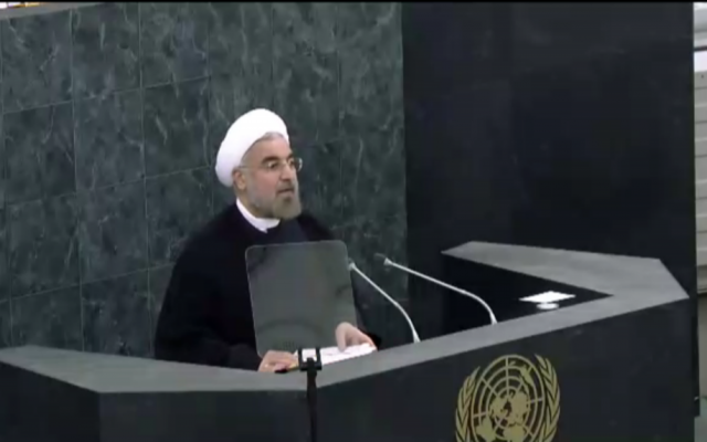 Iranian President Hasan Rouhani speaks to the UN General Assembly on September 24, 2013. (screen capture: UN live stream)