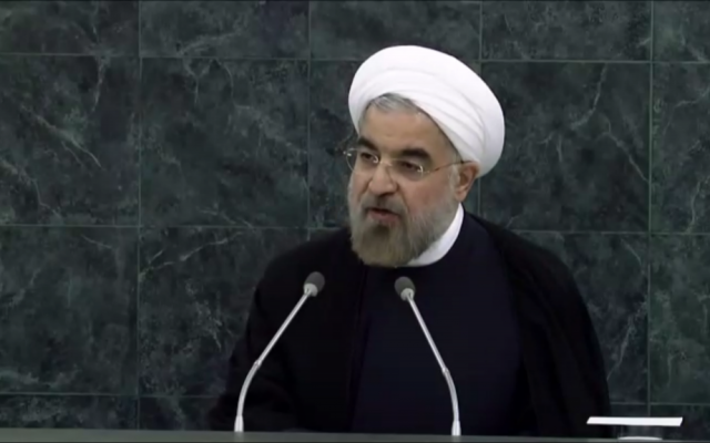 Iran's President Hasan Rouhani speaks to the UN General Assembly, September 24 (photo credit: UN screenshot)