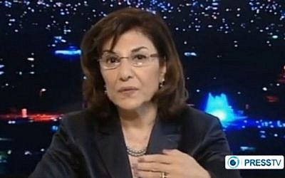 Media and political adviser to Syrian President Bashar Assad, Bouthaina Shaaban, gives an interview to Iran's Press TV on the reported August 21 chemical attack near Damascus (Photo credit:Screenshot/PressTV)