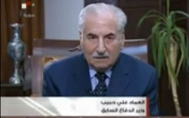 Former Syrian defense minister and army chief General Ali Habib appears on Syrian TV in August 2011 to quell rumors of his execution. Habib reportedly defected in September 2013, arriving in Turkey on September 3. (Photo credit: Screenshot/YouTube)