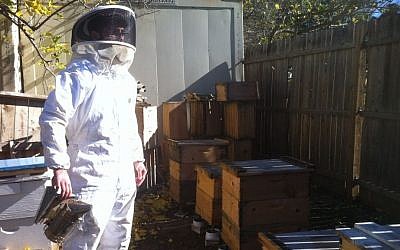 The Chassidic Beekeeper takes precautions when checking his hives. (photo credit: Chavie Lieber/Times of Israel)