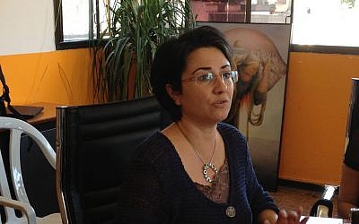 Mayoral candidate Hanin Zoabi at her Nazareth office, October 10, 2013 (photo credit: Elhanan Miller/Times of Israel)