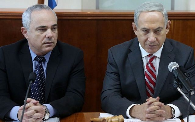 Prime Minister Benjamin Netanyahu (R) and Minister of Strategic Affairs Yuval Steinitz during the weekly cabinet meeting, at the Prime Minister's Office in Jerusalem, on October 13, 2013. (photo credit: Marc Israel Sellem/POOL/Flash90)