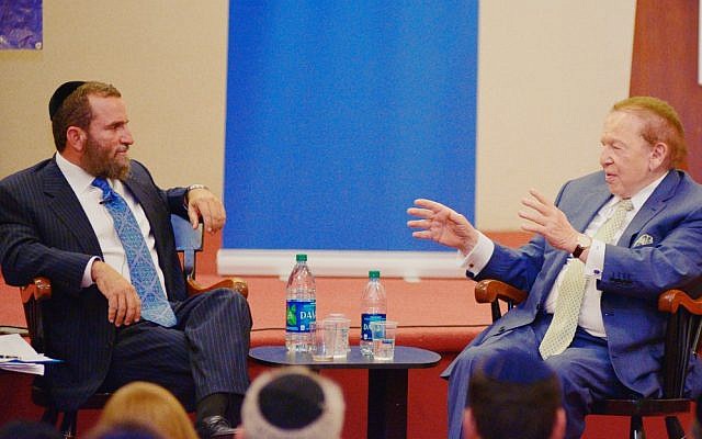 Sheldon Adelson (right) and Rabbi Shmuley Boteach participate in a New York panel about Israel and Iran, Tuesday, October 24, 2013 (photo credit: courtesy)