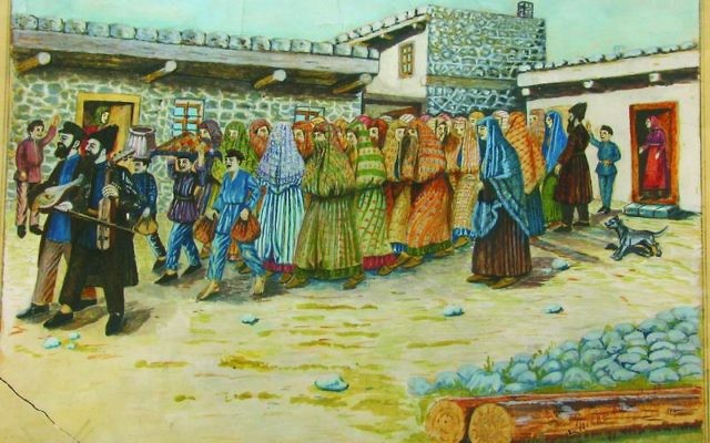 A photo of a painting by Shalom Koboshvili, Taking the bride to the bath house (Mikveh) watercolor on paper (Courtesy Wiki Commons)