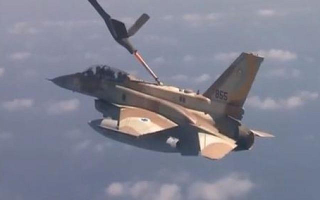 An IAF fighter is refueled during a training exercise, October 2013. (photo credit: image capture YouTube/IAF, illustrative)