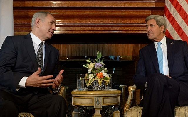 US Secretary of State John Kerry (R) meets with Israeli Prime Minister Benjamin Netanyahu at Villa Taverna, the US Ambassador's residency in Rome, on October 23, 2013. (photo credit: Avi Ohayon/GPO/FLASH90)