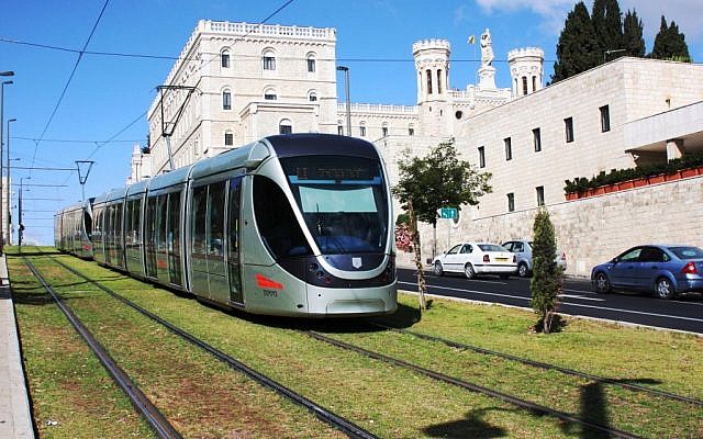 The Jerusalem Light Rail passing the Notre Dame Pontifical Institute. (Shmuel Bar-Am)
