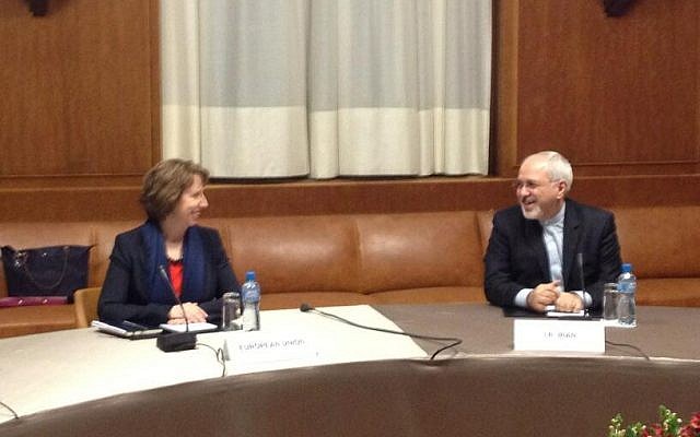 EU foreign policy chief Catherine Ashton and Iranian Foreign Minister Mohammad Javad Zarif on Wednesday, November 20, 2013 in Geneva. (photo credit: US State Department)