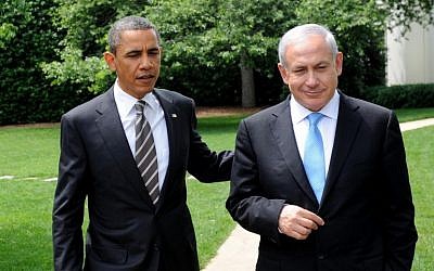 President Barack Obama talks with Prime Minister Benjamin Netanyahu while walking from the Oval Office to the South Lawn Drive of the White House, after their meeting May 20, 2011 in Washington, DC (photo credit: Avi Ohayon/Government Press Office/Flash90)