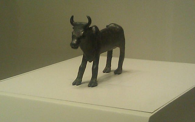 A 12th century bull statue from Dothan at the Israel Museum (photo credit: Ilan Ben Zion)