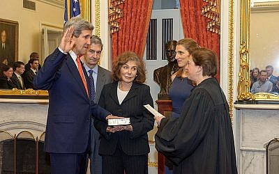 John Kerry is sworn in as secretary of state by Justice Elena Kagan, Feb 1, 2013 (photo credit: US State Department)