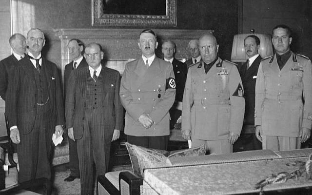 From left to right: Chamberlain, Daladier, Hitler, Mussolini, and Ciano pictured before signing the Munich Agreement, which gave the Sudetenland to Germany. (photo credit: German Federal Archives / Wikipedia)