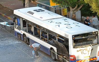 The bus in Bat Yam after a bomb on board exploded Sunday. (photo credit: Yossi Zeliger/Flash90)