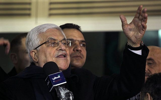 Palestinian Authority President, Mahmoud Abbas  speaks during the welcome reception for prisoners at the Muqataa presidential ground in Ramallah, in the early hours of Tuesday, December 31, 2013.  (photo credit: Hadas Parush/Flash90)