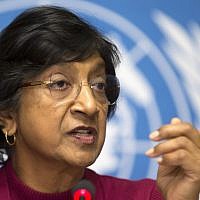 UN High Commissioner for Human Rights Navi Pillay speaks during a news conference at the European headquarters of the United Nations, Geneva, Switzerland, on Monday, December 2, 2013. (AP/Keystone, Salvatore Di Nolfi)