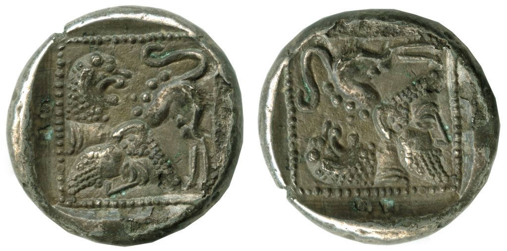 The obverse of a Samarian drachm with a lion (left) which, when turned 90˚ (right) becomes a bearded man. (photo credit: Vladimir Naikhin/Israel Museum)