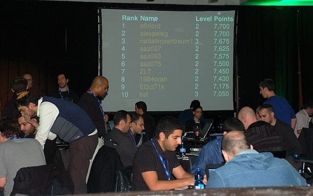 Illustrative photo of hackers in Tel Aviv taking part in a hackathon to develop cyber-security apps (Courtesy)