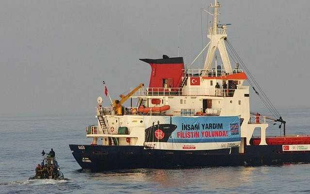 Illustrative: A Turkish ship with an IHH banner heading toward Gaza in 2010. (Moti Milrod/Pool/Flash90)