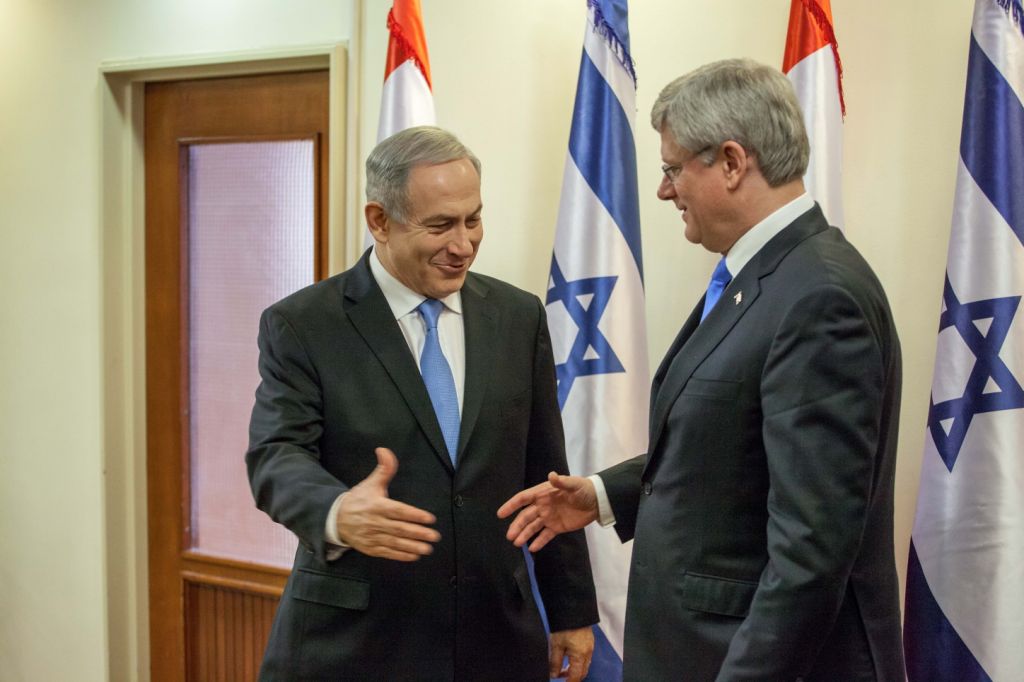 Canadian Prime Minister Stephen Harper (right), meets with Prime Minister Benjamin Netanyahu at Netanyahu's office in Jerusalem, during Harper's official state visit to Israel and the West Bank, Tuesday, January 21, 2103 (photo credit: Emil Salman/Pool/Flash 90)