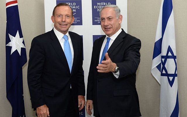 Prime Minister of Australia Tony Abbott (left) meets with Prime Minister Benjamin Netanyahu during the annual meeting of the World Economic Forum in Davos, January 23, 2014. (Kobi Gideon/GPO/Flash 90)