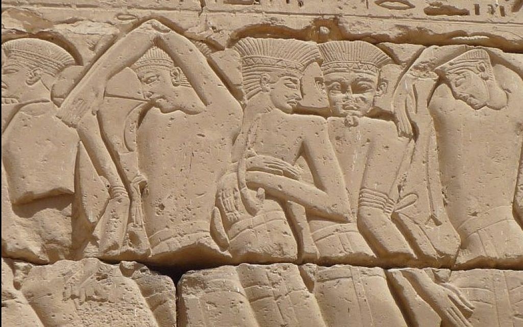 Relief depicting Sea Peoples taken captive by Ramesses III at the temple of Medinet Habu. (photo credit: CC BY-SA Rémih, Wikimedia Commons)