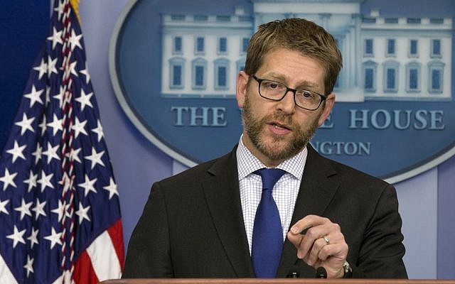 White House press secretary Jay Carney speaks during a news briefing at the White House, Monday, January 13, 2014. (photo credit: AP/Jacquelyn Martin)