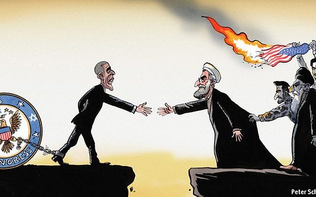 A cartoon published in The Economist portrays US President Barack Obama shackled to a Jewish-controlled Congress.