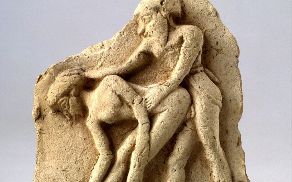 Sexual intercourse between a woman and a man on a terra cotta plaque from Mesopotamia, early 2nd millennium BCE (photo credit: The Israel Museum)