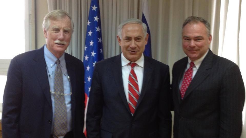 Prime Minister Benjamin Netanyahu, center, meets with Senators Angus King, right, and Tim Kaine, on Sunday in Jerusalem (photo credit: Amb. Dan Shapiro/Facebook)